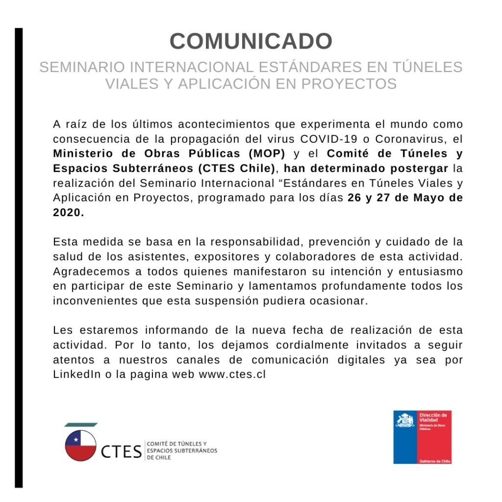 COMUNICADO: Seminario Internacional “Estándares en Túneles Viales y Aplicación en Proyectos